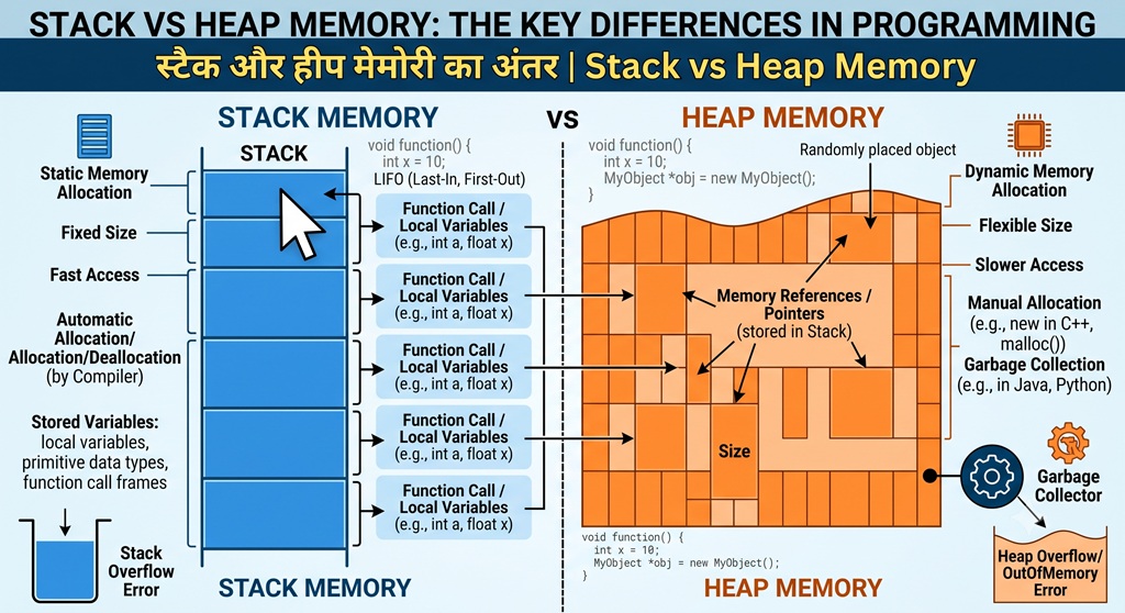 स्टैक और हीप मेमोरी का अंतर | Stack vs Heap Memory