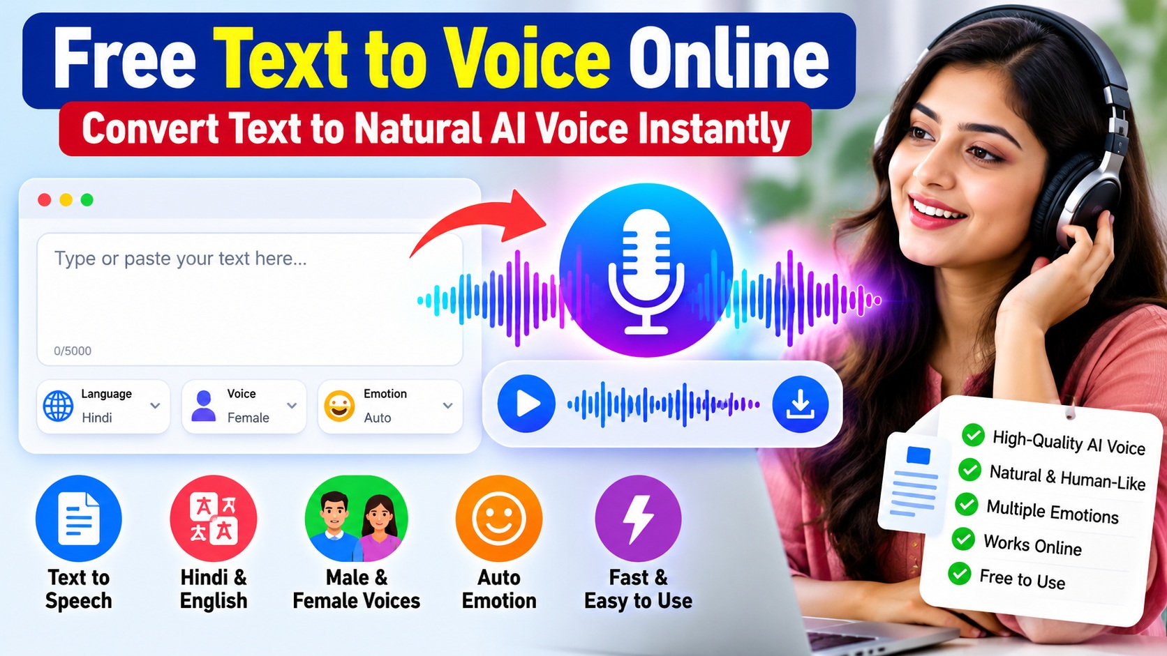 Free Text to Voice Online AI text to speech tool with Hindi and English voices